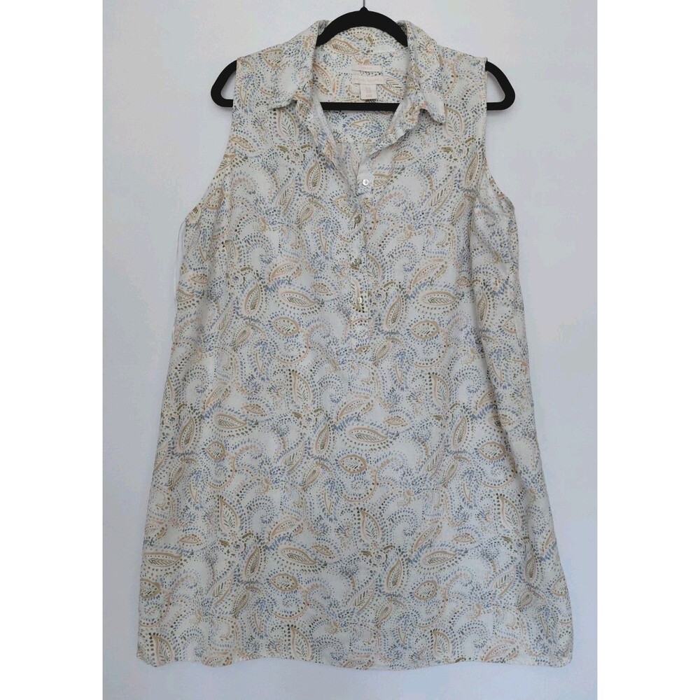 Rachel Ashwell Size 1X 100% Linen White Paisley Print Pullover Shirt Dress